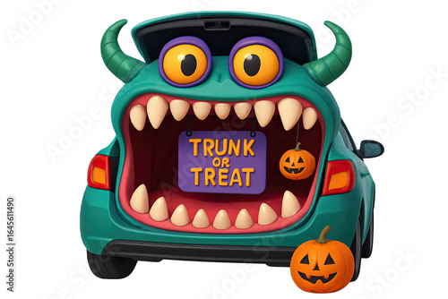 Colorful Halloween themed car with monster face, large eyes, horns, and sharp teeth, decorated for trick or treating with pumpkins and sign that says Trunk or Treat, evoking fun and spooky festive