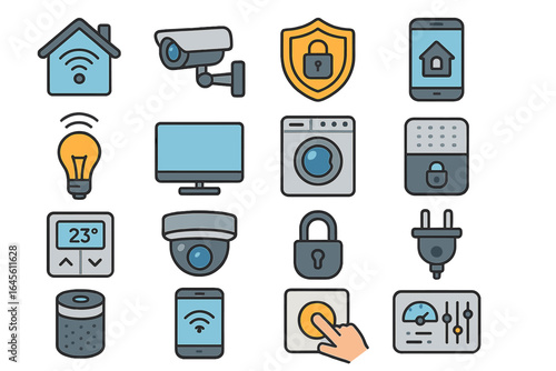 Smart home automation icon set. Vector collection of internet of things (IoT) symbols. Home security, smart appliance, lighting, and climate control system illustrations.