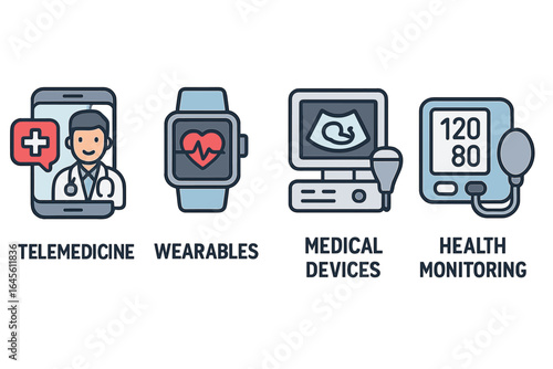 Telemedicine and digital health icon set. Icons for wearables, medical devices, and health monitoring. Online doctor, smartwatch, ultrasound, blood pressure monitor vector.