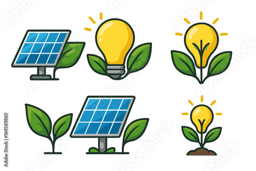 Sustainable green energy icon set. Solar panel and light bulb with plant leaves symbolize renewable power and eco friendly ideas. Clean electricity vector cartoon concept.