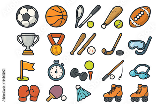 Sports icon set. Game equipment collection. Vector cartoon illustration. Soccer, basketball, football, baseball, tennis, hockey, medal, trophy, boxing, fishing, roller skate.