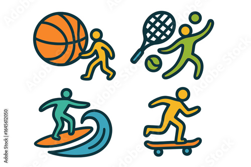 Sports icon set of active people. Vector collection of modern line art pictograms. Basketball, tennis player, surfer, and skateboarder. Simple athletic lifestyle symbols.