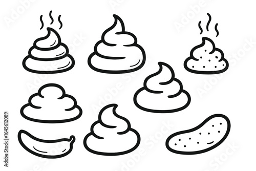 Poop icon set. Cartoon feces collection. Funny doodle shit pile. Simple black and white stinky poop emoji. Cute dung vector illustration. Hand drawn sketch.