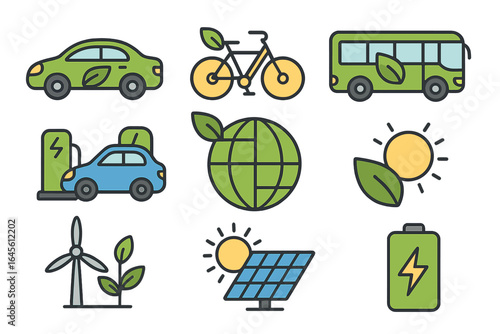 Eco-friendly icon set. Sustainable transport and renewable energy solutions. Green technology concepts like electric car, solar panel, wind turbine, and bicycle. Vector cartoon.