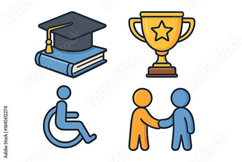 Set of icons for education, success, accessibility and collaboration. Symbols of achievement, inclusivity, diversity and teamwork. Vector illustration for business and career.