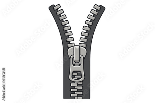 Vector illustration of an open zipper. Clothing fastener, metal zip for fashion and textile. Sewing, tailor and apparel concept. Simple cartoon graphic design element.