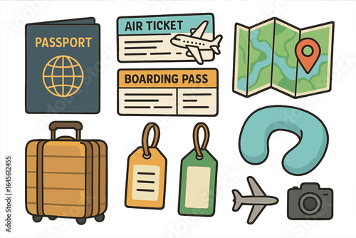 Travel essentials and icons for trip planning including passport, air ticket, boarding pass, map with location pin, suitcase, luggage tags, neck pillow, airplane, and camera in vector cartoon style