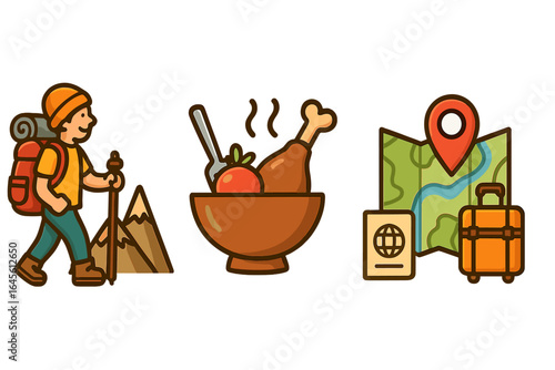 Travel icons representing adventure hiking, culinary cuisine, exploring new destinations with maps, passports, and luggage, colorful vector cartoon illustration, transparent background