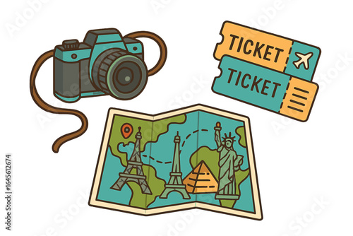 Travel essentials vector icon set. Camera, tickets, and world map with famous landmarks like the Eiffel Tower and Statue of Liberty. Vacation and tourism concept cartoon.