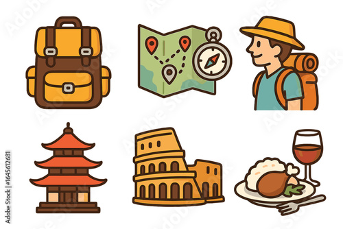 Travel icons representing adventure, exploration, cultural landmarks, and culinary experiences across diverse cultures. Vector cartoon illustration on a transparent background. Ordered set 2.