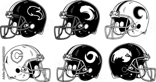 Set of American Football Helmets in Various Styles