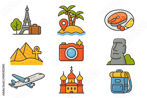 Travel symbols with famous landmarks, exotic meals, adventure activities, and cultural icons representing exploration, vacation, and global tourism in vibrant vector cartoon style