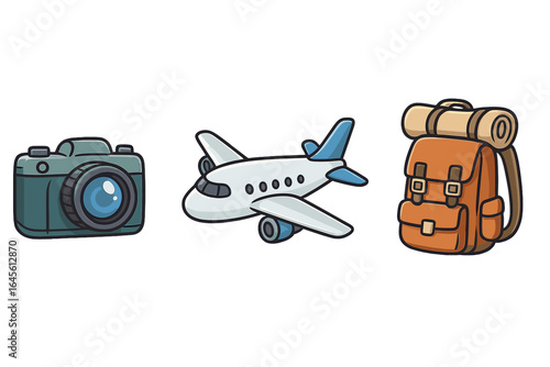 Travel icons vector set with camera, airplane, and backpack. Cartoon illustration for adventure, tourism, vacation, journey, holiday, and hiking concepts on white background.