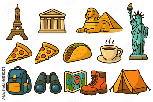 Travel icon set. Vector cartoon illustrations for tourism, adventure, and camping. World landmarks like Eiffel Tower, Sphinx, Parthenon, Liberty Statue, plus food.