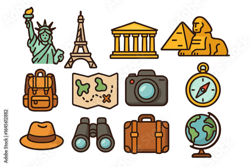 Travel icons set with famous world landmarks and adventure exploration gear. Tourism and vacation concept with Statue of Liberty, Eiffel Tower, Sphinx, map, and camera.