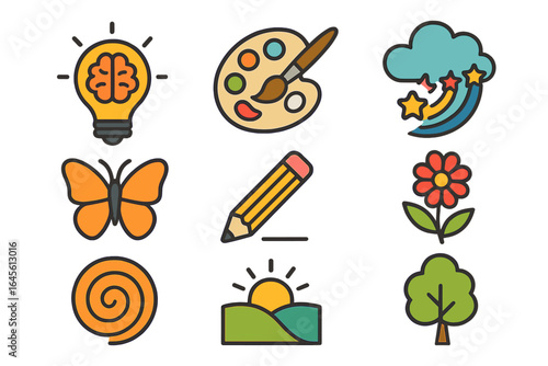 Creativity and imagination icon set. Collection of nature inspired symbols for art and design. Vector icons like lightbulb, brain, palette, pencil, flower, tree and butterfly.