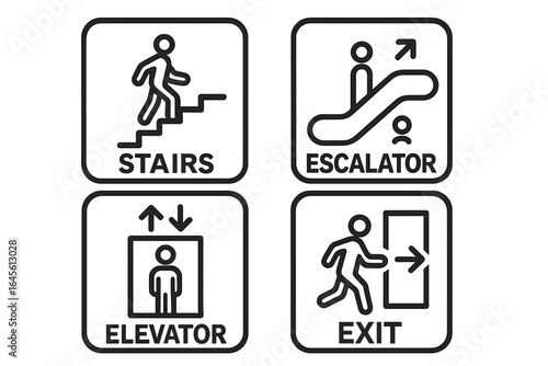 Public navigation icons set. Stairs, elevator, escalator, exit signs. Vector line pictogram for wayfinding in transport hub, airport, or mall. Directional symbols.