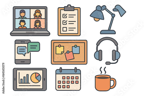 Various digital tools and items for online collaboration, virtual meetings, modern workspace, productivity, remote work setup, communication devices, and office essentials vector illustration