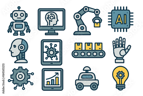 Various Robotic and Artificial Intelligence Icons Depicting Technology, Automation, Innovation, Industry, and Modern Digital Solutions with Cartoon Style on Transparent Background