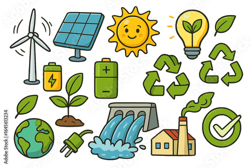Renewable energy icon set. Green power, sustainability, and ecology concept. Cartoon vector symbols: solar panel, wind turbine, recycle, Earth, battery, hydro power.
