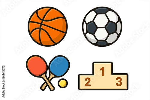 Various sport icons including basketball, soccer ball, table tennis paddles with ball, and winners' podium for athletic competition vector cartoon set on transparent background