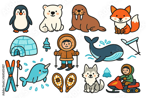 Winter wildlife and adventure icons featuring Arctic animals and outdoor activities in a colorful playful cartoon style for vector illustration and design
