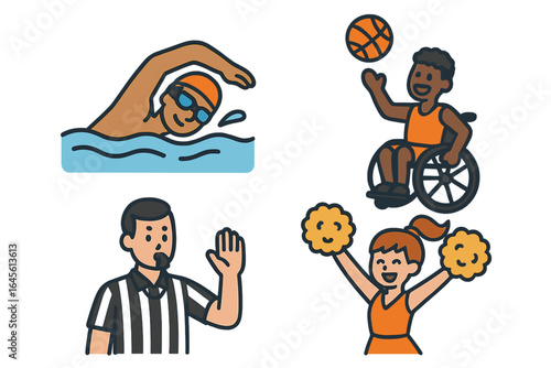 Various sports icons illustrating swimming, wheelchair basketball, refereeing, and cheerleading with a focus on inclusivity, activity, and diverse sports participation. Vector cartoon illustration