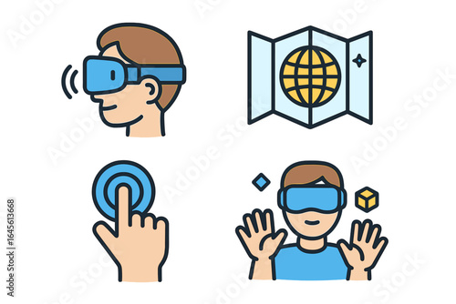 Virtual reality technology icons representing immersive digital environments, user interaction, augmented reality, and futuristic VR experience in vector cartoon style
