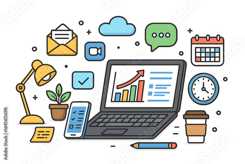 Virtual workspace concept combining technology, productivity tools, and communication tools for modern professionals in a creative office environment, vector cartoon illustration