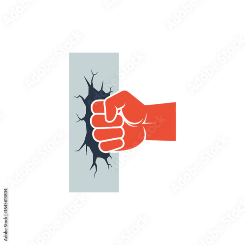 A red fist punches through a gray rectangular surface creating a hole.