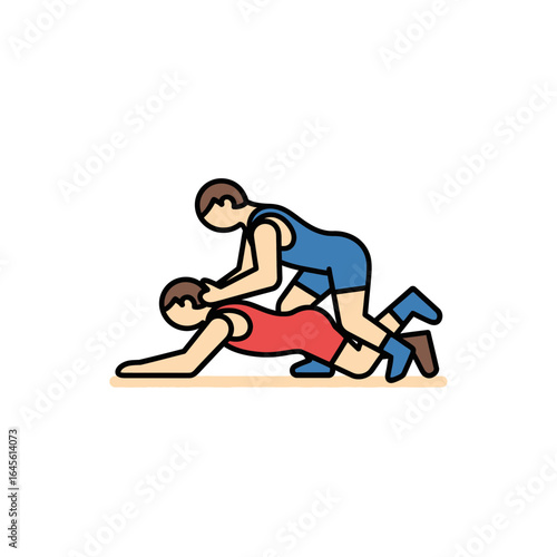 Two wrestlers in singlets engage in a grappling match on the ground.