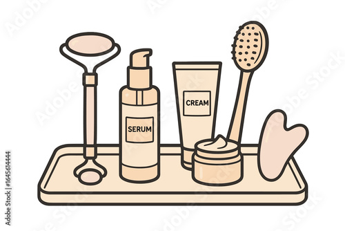 Skincare routine flat vector illustration. Beauty products set with jade roller, gua sha, serum, and cream. Facial massage tools. Cosmetology and dermatology concept.