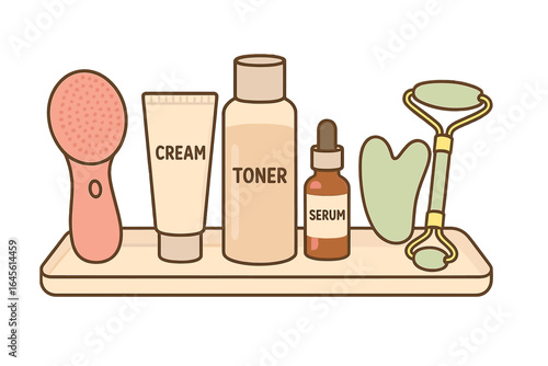 Skincare routine set vector. Beauty cosmetic products illustration. Facial care, anti-aging concept. Cream, toner, serum, jade roller, gua sha, face brush. Flat design.