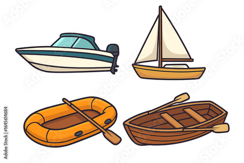 Boat set vector cartoon icon collection. Water transport diversity: motorboat, yacht, sailboat, inflatable dinghy, wooden rowboat. Marine leisure travel and fishing concept.