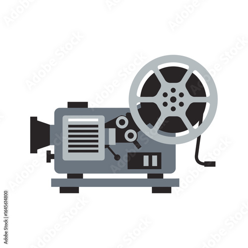 A vintage film projector with a reel displays a classic cinema device.
