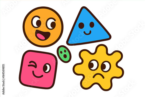 Set of cute cartoon geometric shapes with emotions. Funny character faces: happy, sad, wink. Vector emoticons, abstract comic mascot sticker pack for kids. Isolated.