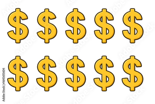 Golden dollar sign vector icon set. Cartoon money symbols of wealth, finance, success, and prosperity. Flat design currency graphic for business, cash, payment, and profit.