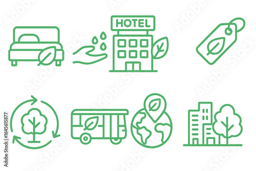 Eco friendly icons for green tourism and sustainable city life. Vector line symbols for ecology, environment, recycling, green transport, and eco hotel concept.