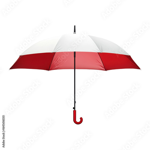 Rainy Day Companion: An open umbrella, its vibrant red and white panels offering shelter against the elements. The composition exudes simplicity, emphasizing the functional beauty of a design