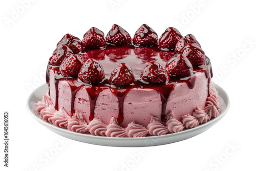 Sweet Strawberry Cake: A delectable strawberry cake sits on a plate, adorned with fresh strawberries and a rich, glossy glaze, creating an irresistible treat for the eyes.
