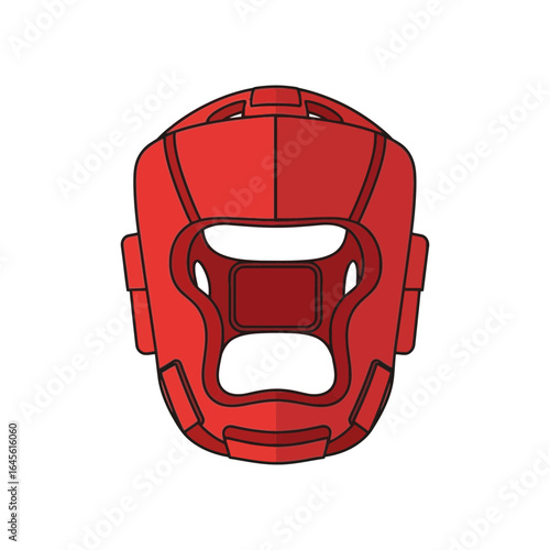 A red protective headgear with an open face design.