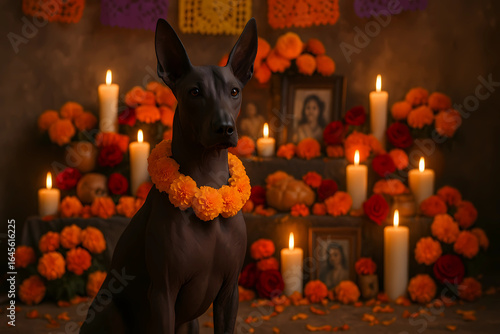 A Xoloitzquintli dog with a floral collar, sitting next to the altar