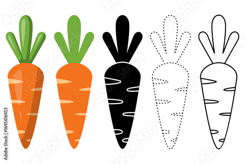 Carrot Icon Set in Flat Cartoon Style with Monochrome Silhouette Line Art and Dotted Outline Isolated on White Background Vector Illustration