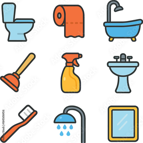 Flat color icon set of bathroom and cleaning equipment including toilet, toilet paper, bathtub, sink, shower, broom, mirror, and spray bottle for hygiene and sanitation concepts