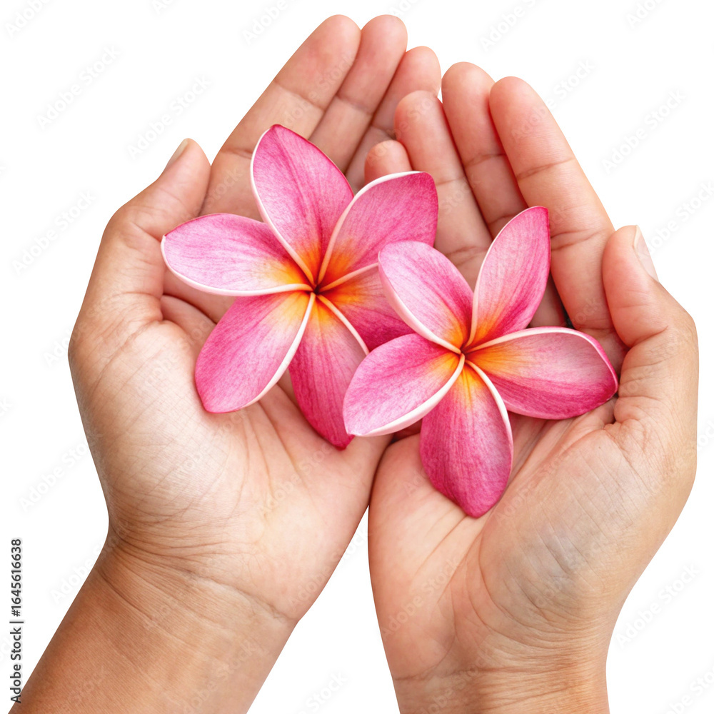 pink plumeria flower is placed in each palm of the hand pink plumeria flower is placed in each palm of the hand