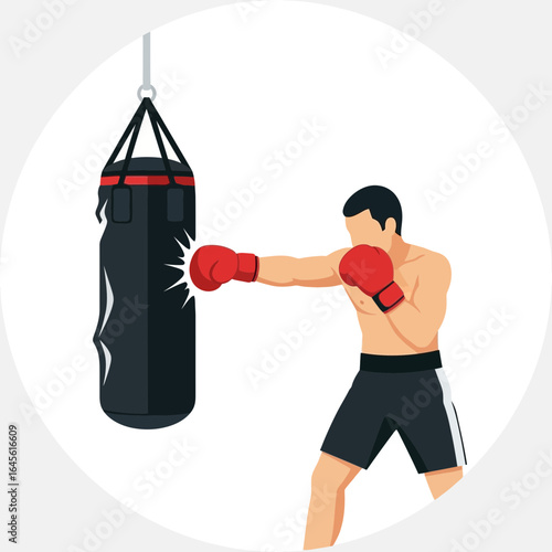 Boxer punches a hanging heavy bag wearing red gloves and shorts.