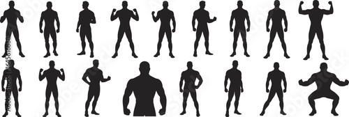 Bodybuilder silhouettes, muscular poses, anatomy reference, fitness stances, flexing figures, standing poses, vector set, gym art, design resource