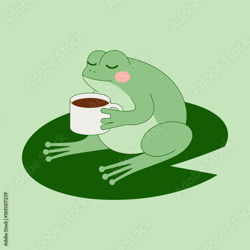 Cute Frog Drinking Coffee on Lily Pad Illustration