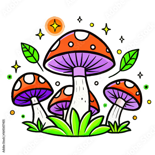 Fantasy Mushrooms with Stars and Grass