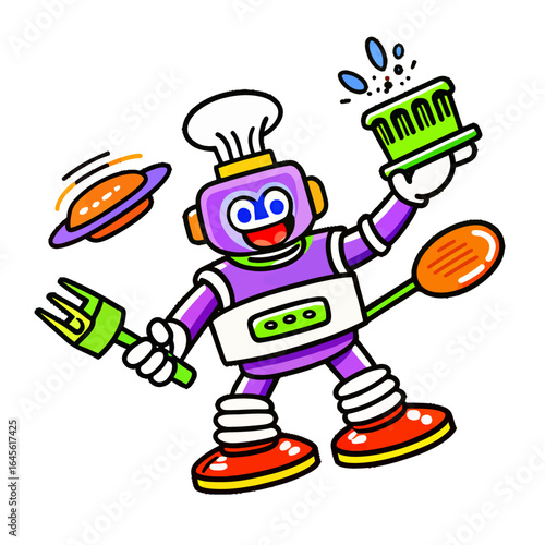 Cute Robot Chef Cooking with Food
